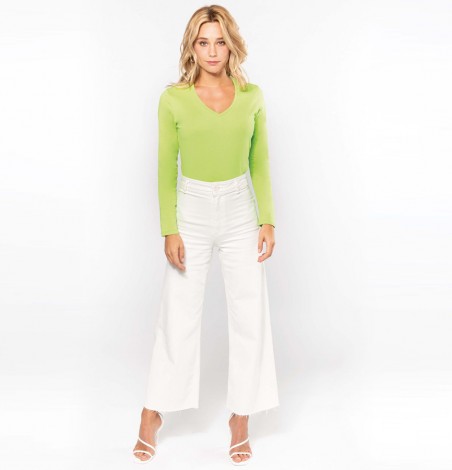 Damski dopasowany T-shirt V z długimi rękawami