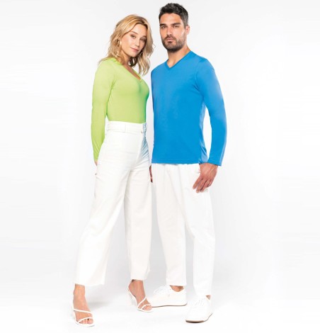 Damski dopasowany T-shirt V z długimi rękawami