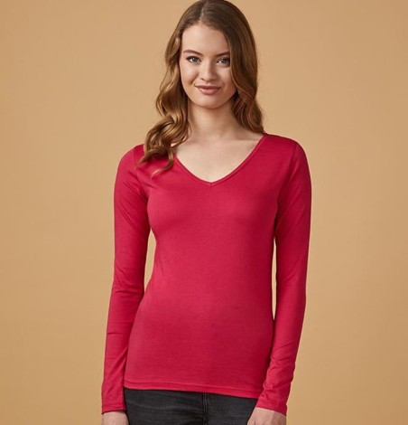 Damski T-shirt z dekoltem V z długimi rękawami Damski T-shirt z dekoltem V z długimi rękawami