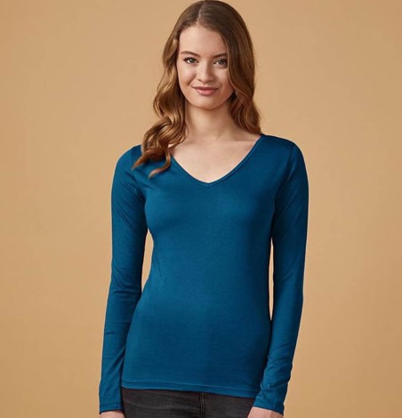 Damski T-shirt z dekoltem V z długimi rękawami Damski T-shirt z dekoltem V z długimi rękawami